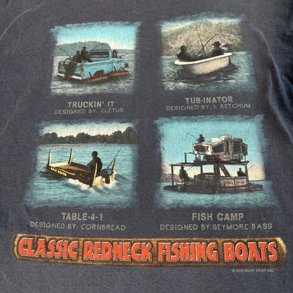 Vintage Buck Wear Shirt Mens Xl Classic Redneck Fishing Boats Y2K Graphic 2002